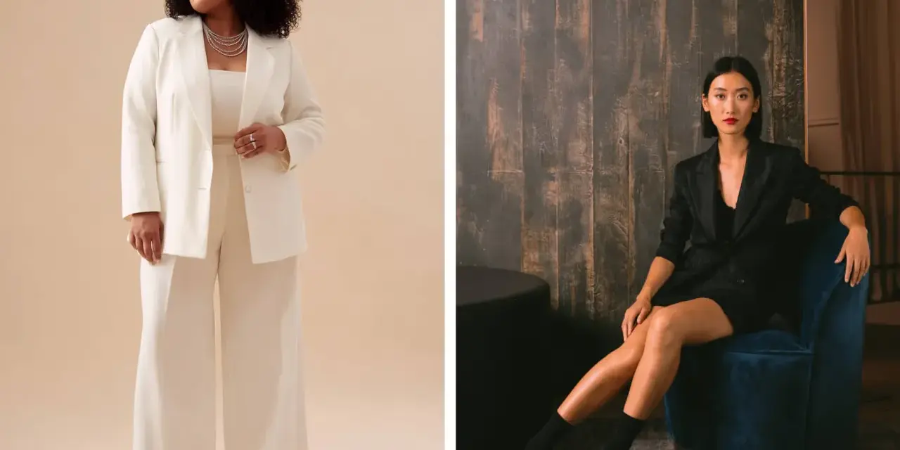 Zwei Frauen in eleganten Hosenanzügen, bereit für ein gala dinner. Eine in Weiß, die andere in Schwarz.