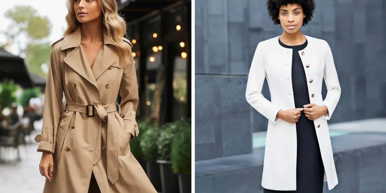 Zwei Frauen zeigen, wie man einen Trenchcoat kombiniert: eine in Beige mit Gürtel, die andere in Weiß über einem schwarzen Kleid.