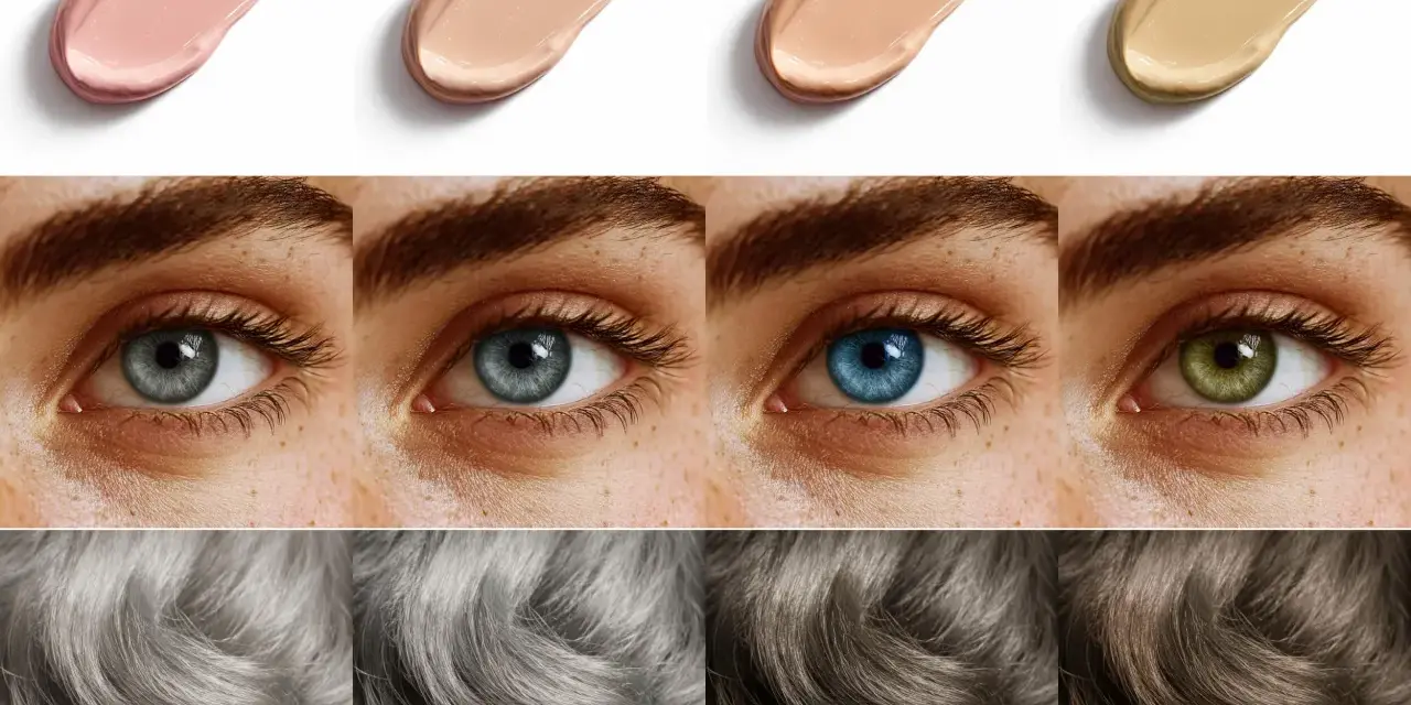 Vier Swatches von Make-up, vier Augen in verschiedenen Farben und vier Haartexturen, die die Vielfalt der sommertyp farben zeigen.
