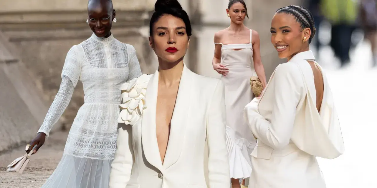 Vier Frauen in eleganten weißen Outfits, inspiriert für den Standesamt-Look. Spitze, Blazer und Kleider in Creme-Tönen.