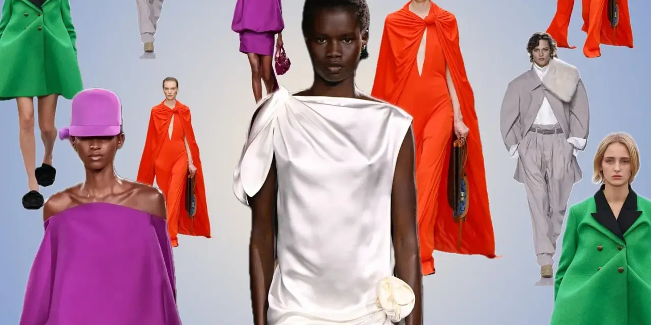 Inspiration für Farb- und Stilberatung: Modelle in leuchtenden Farben wie Grün, Orange und Lila sowie in eleganten Grautönen.