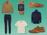 Hochwertige Kleidung im "old money style": Strickpullover, Chino-Hose, Polo-Shirt, Sakko, Ledergürtel, Uhr und Mokassins.