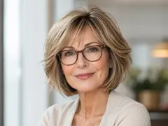 Eine Frau mit einem stufig fransigen Bob, gestuft ab 50, trägt eine Brille und lächelt sanft.