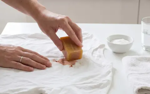 Hand reibt mit Gallseife über einen braunen Fleck auf weißem T-Shirt, um gewaschene Blutflecken entfernen zu können.