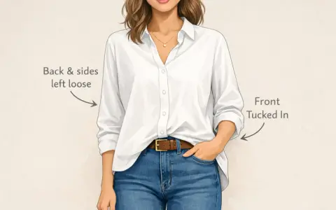 Frau mit weißer Bluse und Jeans, die vorne einen "french tuck" trägt. Hinten und an den Seiten bleibt die Bluse locker.