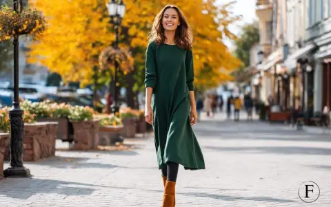 Frau spaziert lächelnd in einer grünen Tunika mit Leggings und braunen Stiefeln durch eine herbstliche Stadt.
