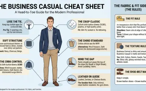 Mann im **business casual** Outfit: dunkelblaues Sakko, grauer Pullover, Khaki-Chinos, braune Loafer. Tipps für den perfekten Look.
