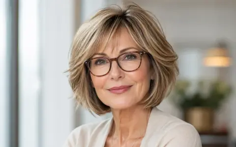 Eine Frau mit einem stufig fransigen Bob, gestuft ab 50, trägt eine Brille und lächelt sanft.