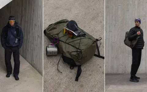 Gorpcore-Style: Männer in funktionaler Outdoor-Kleidung, Rucksack mit Ausrüstung, bereit für jedes Abenteuer.