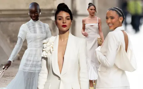 Vier Frauen in eleganten weißen Outfits, inspiriert für den Standesamt-Look. Spitze, Blazer und Kleider in Creme-Tönen.