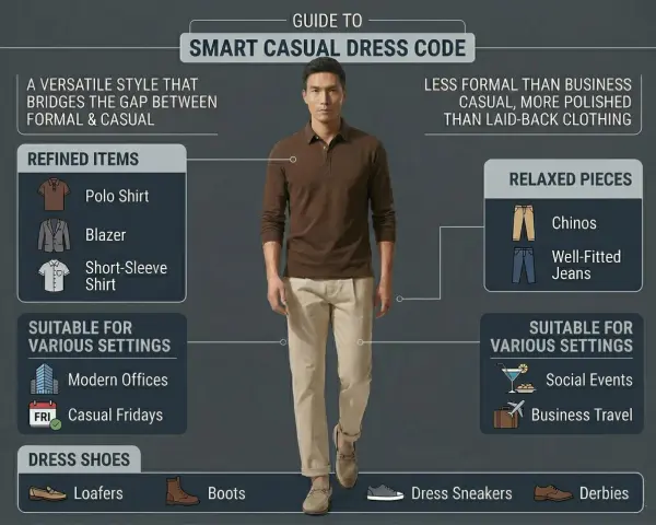 Mann im braunen Polohemd und beigen Chinos, perfekt für den dresscode casual. Zeigt eine Mischung aus raffinierten und entspannten Kleidungsstücken.
