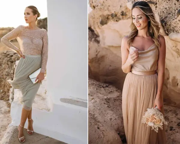 Zwei Frauen in eleganten Kleidern, bereit für die Hochzeit der Tochter. Eine trägt ein glitzerndes Oberteil und einen mintgrünen Tüllrock, die andere ein champagnerfarbenes Top und einen bodenlangen Tüllrock mit Brautstrauß.