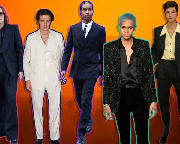 Fünf Männer in schicken Anzügen, die den dresscode cocktail perfekt umsetzen. Von klassisch bis extravagant ist alles dabei.