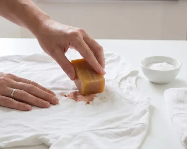 Hand reibt mit Gallseife über einen braunen Fleck auf weißem T-Shirt, um gewaschene Blutflecken entfernen zu können.
