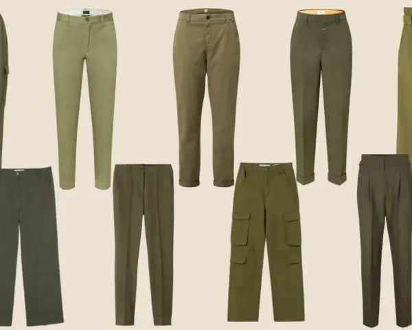 Verschiedene Hosen in Khaki-Tönen. Welche Farbe passt zu Khaki? Hier sehen Sie Beispiele von Hosen in Olivgrün, Hellgrün und Braun.