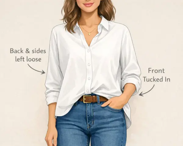 Frau mit weißer Bluse und Jeans, die vorne einen "french tuck" trägt. Hinten und an den Seiten bleibt die Bluse locker.
