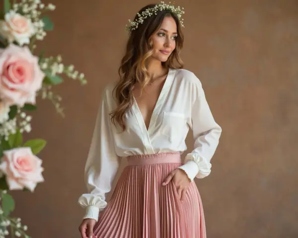 Elegant hochzeitsgast rock mit bluse hochzeit. Eine Frau mit Blumenkranz trägt eine weiße Bluse und einen rosafarbenen Faltenrock.
