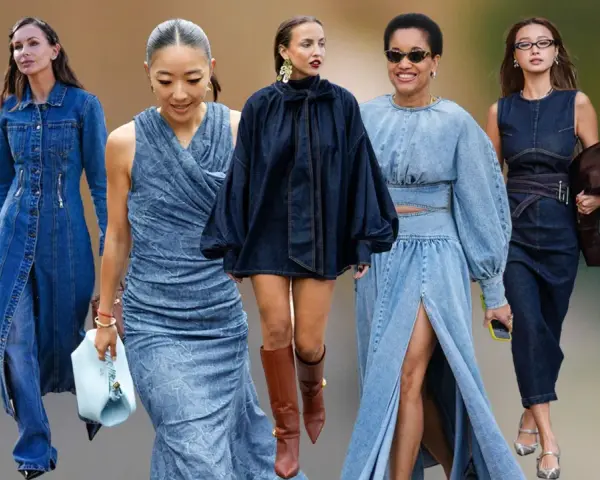 Fünf Frauen präsentieren verschiedene Wege, ein Jeanskleid zu kombinieren: von lässig bis elegant.