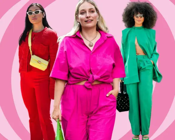 Drei Frauen in leuchtenden Outfits: Rot mit gelber Tasche, Pink und Grün. Inspiration, welche farben passen zusammen kleidung.