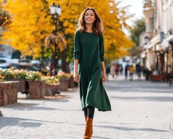 Frau spaziert lächelnd in einer grünen Tunika mit Leggings und braunen Stiefeln durch eine herbstliche Stadt.