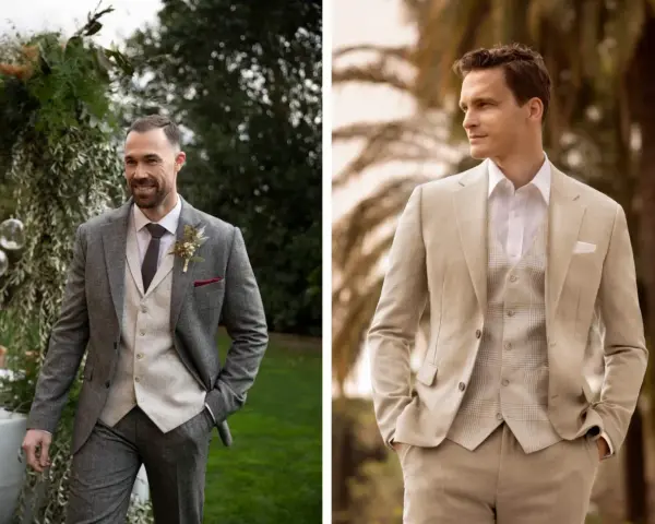 Zwei Männer in eleganten Anzügen, die den **dresscode gala** verkörpern. Einer trägt einen grauen Tweed-Anzug, der andere einen hellen Leinenanzug.