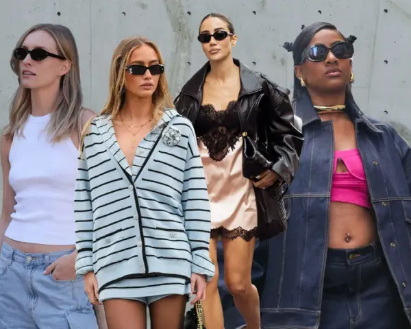 Vier Frauen im Stil der 90er Jahre: Denim-Look, Satin-Kleid mit Lederjacke, gestreifter Cardigan und Cargo-Shorts.