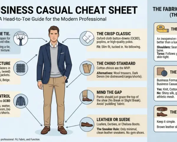 Mann im **business casual** Outfit: dunkelblaues Sakko, grauer Pullover, Khaki-Chinos, braune Loafer. Tipps für den perfekten Look.