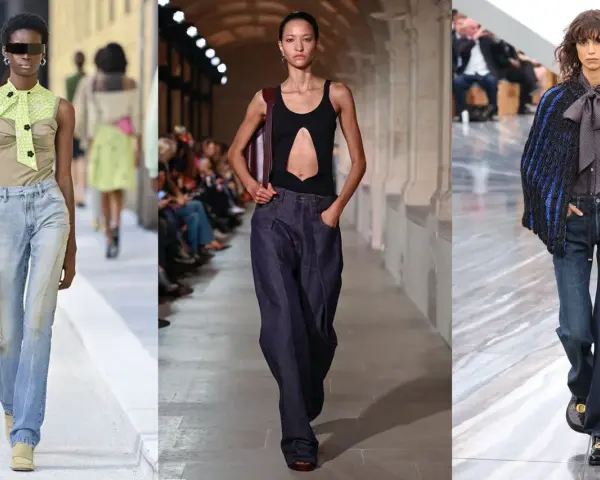 Drei Models präsentieren lässige Jeans-Looks. Eine trägt eine hellblaue, locker sitzende Jeans, die nächste eine dunkle, weite Jeans. Die dritte kombiniert eine dunkle Jeans mit einem auffälligen Strickmantel.
