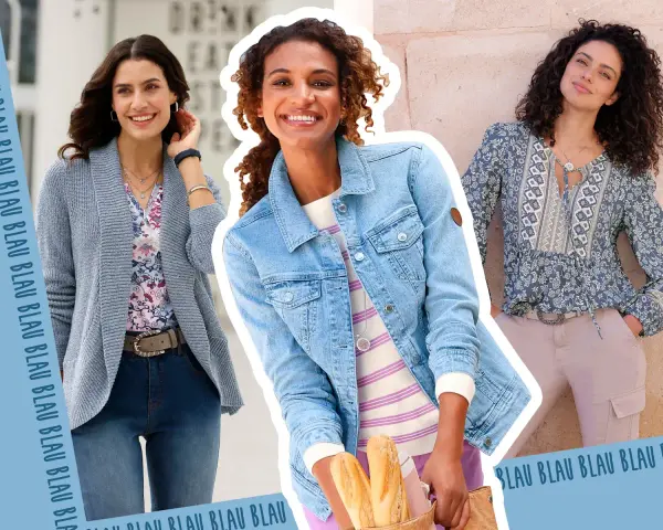 Drei Frauen präsentieren Outfits. Welche Farbe passt zu Blau? Hier sehen wir Jeans, Strickjacke und gemusterte Bluse, die alle mit Blau harmonieren.