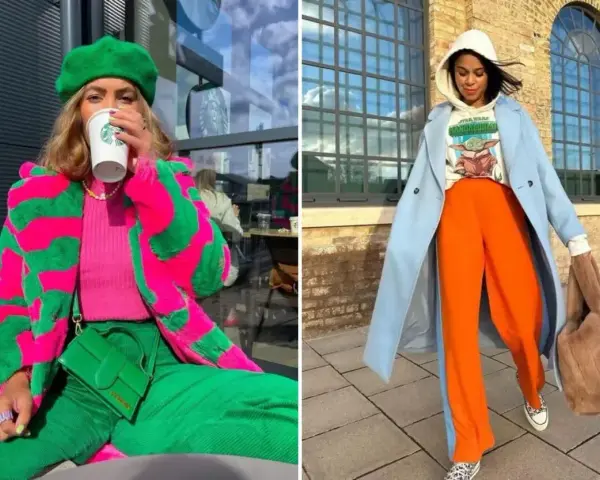 Zwei Frauen präsentieren mutige Outfits mit **color blocking**: eine in Pink und Grün, die andere in Hellblau und Orange.