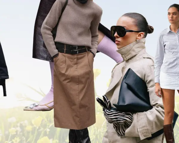 Modische Damen-Outfits für eine Capsule Wardrobe: Trenchcoat, Rock, Hose, Hemd und Accessoires vor blumiger Wiese.