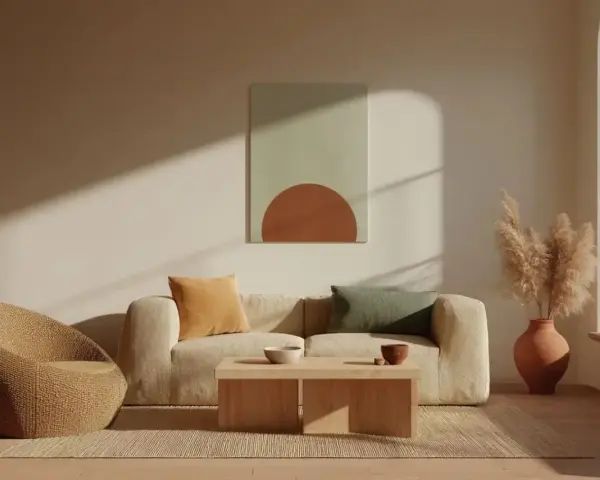 Ein Wohnzimmer, das zeigt, was bedeutet puristisch: Beige Couch, Korbsessel, Holztisch, dezente Deko, viel Licht.