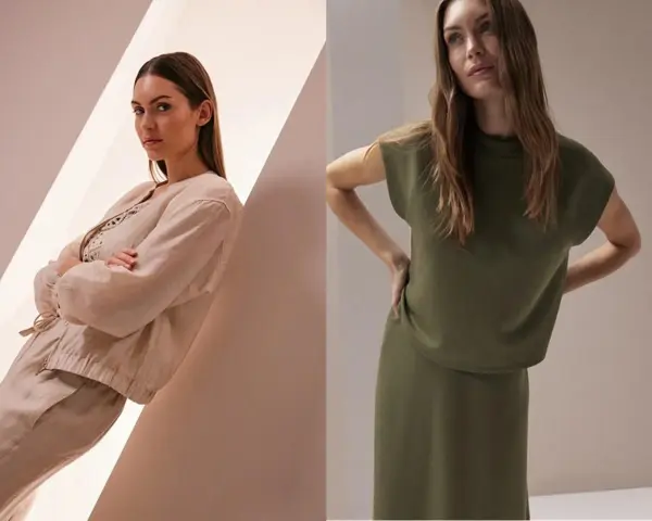 Zwei Frauen in eleganter Kleidung. Links eine Frau in einem beigen Leinenanzug, rechts eine Frau in einem grünen Kleid. Die monochrome Farbgestaltung unterstreicht die schlichte Eleganz.