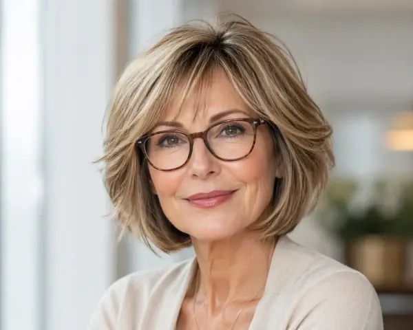 Eine Frau mit einem stufig fransigen Bob, gestuft ab 50, trägt eine Brille und lächelt sanft.