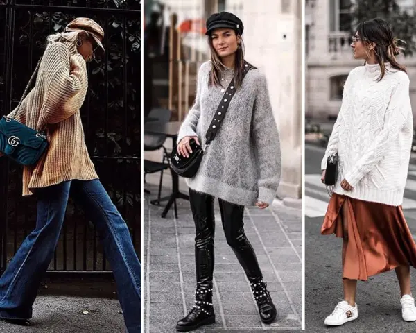 Drei Frauen zeigen, wie man einen **oversize pullover stylen** kann: mit Schlagjeans, Lederhose oder Satinrock.