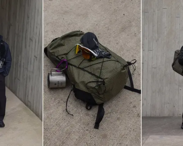 Gorpcore-Style: Männer in funktionaler Outdoor-Kleidung, Rucksack mit Ausrüstung, bereit für jedes Abenteuer.