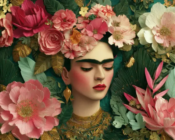 Frida Kahlo, umgeben von üppigen Blumen und Blättern, verkörpert ihren ikonischen, farbenfrohen Kleidungsstil.