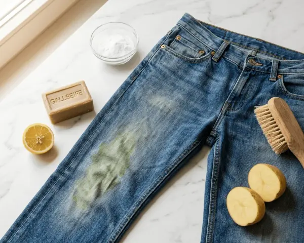 Blaue Jeans mit Grasflecken, Gallseife, Zitrone, Natron und Bürste zum Grasflecken entfernen.