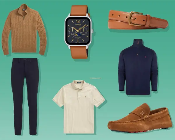 Hochwertige Kleidung im "old money style": Strickpullover, Chino-Hose, Polo-Shirt, Sakko, Ledergürtel, Uhr und Mokassins.