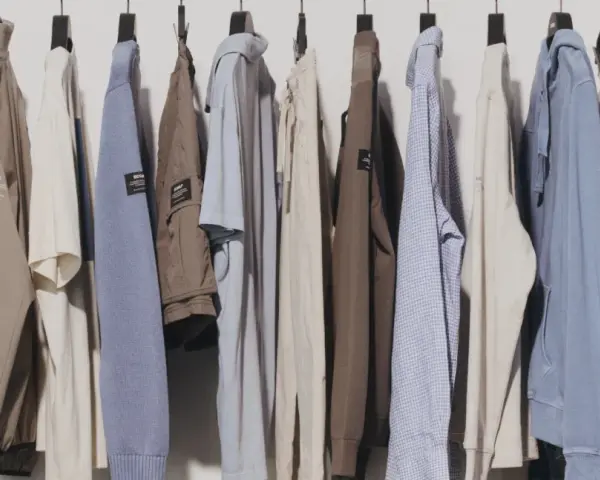Eine Reihe von Kleidungsstücken, darunter Jacken, Pullover und Hosen, hängen an Kleiderbügeln. Diese zeitlose Kleidung in gedeckten Farben strahlt Komfort und Stil aus.