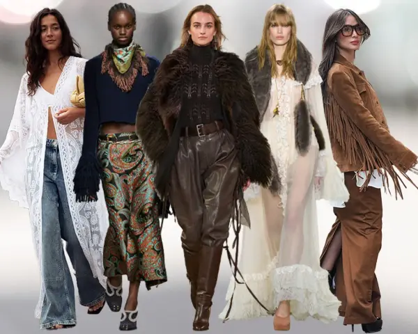 Fünf Models präsentieren Looks im typisch 70er Jahre Stil: Spitzenkimono, Schlaghosen, Ethno-Muster, Leder und Fransenjacken.