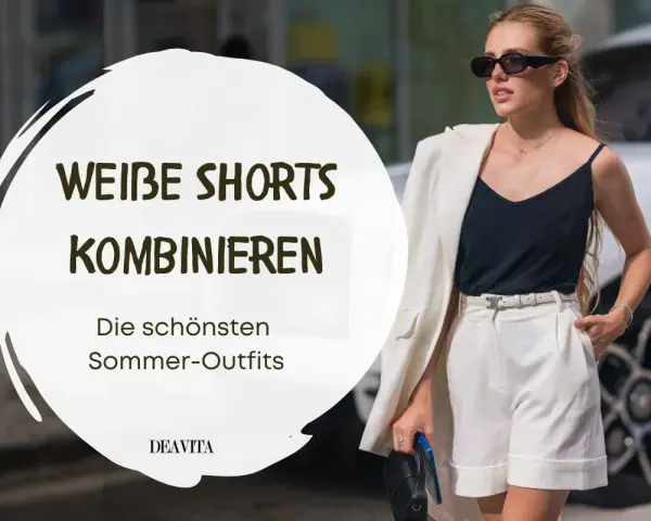 Stylische Frau in weißen Shorts und schwarzem Top, die zeigt, wie man weiße Shorts kombiniert für den perfekten Sommer-Look.