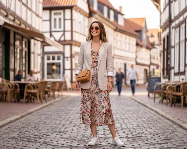 Eine Frau trägt eine leichte Jacke zum geblümten Kleid und weiße Sneaker. Sie steht auf einer Kopfsteinpflasterstraße vor Fachwerkhäusern.