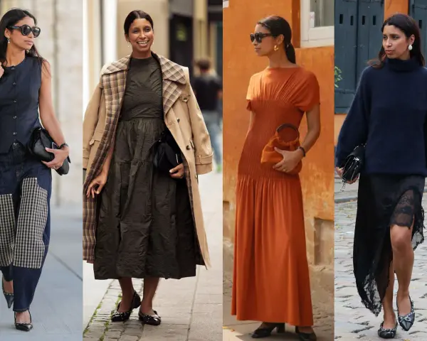 Vier Outfits im copenhagen style: Jeans mit Karomuster, olivgrünes Kleid mit Trenchcoat, orangefarbenes Maxikleid und schwarzer Rollkragenpullover mit Spitzenrock.