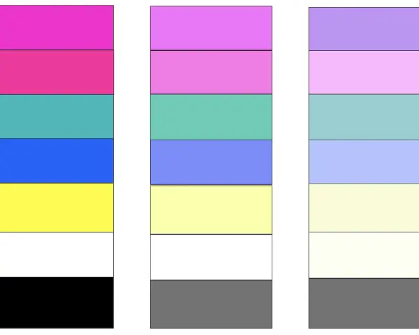 Drei Farbpaletten: Pink, Türkis, Blau, Gelb, Weiß, Schwarz; Pink, Mint, Lavendel, Hellgelb, Weiß, Grau; Hellviolett, Rosa, Hellblau, Lavendel, Cremeweiß, Grau. Wem steht grau?