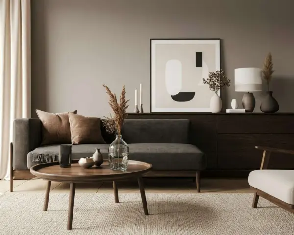 Gemütliches Wohnzimmer: Anthrazit und beige kombinieren. Dunkelgraues Sofa, beiger Teppich, Holzmöbel und dezente Deko.
