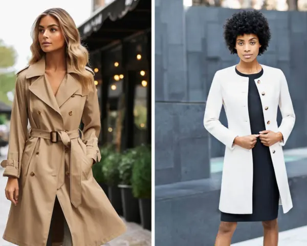 Zwei Frauen zeigen, wie man einen Trenchcoat kombiniert: eine in Beige mit Gürtel, die andere in Weiß über einem schwarzen Kleid.