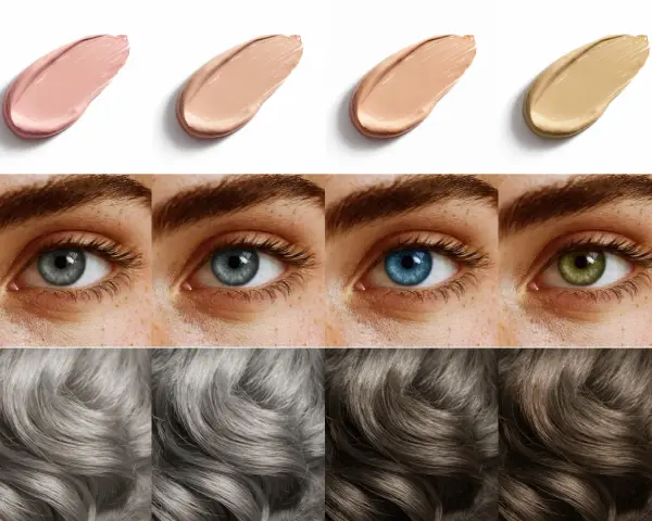 Vier Swatches von Make-up, vier Augen in verschiedenen Farben und vier Haartexturen, die die Vielfalt der sommertyp farben zeigen.