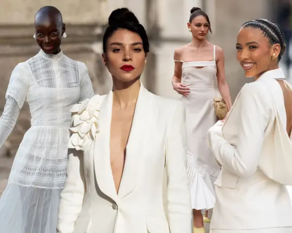 Vier Frauen in eleganten weißen Outfits, inspiriert für den Standesamt-Look. Spitze, Blazer und Kleider in Creme-Tönen.