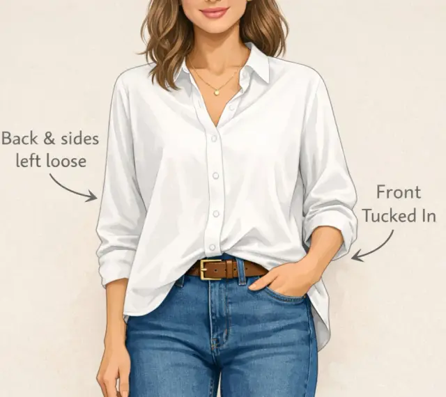 Frau mit weißer Bluse und Jeans, die vorne einen "french tuck" trägt. Hinten und an den Seiten bleibt die Bluse locker.